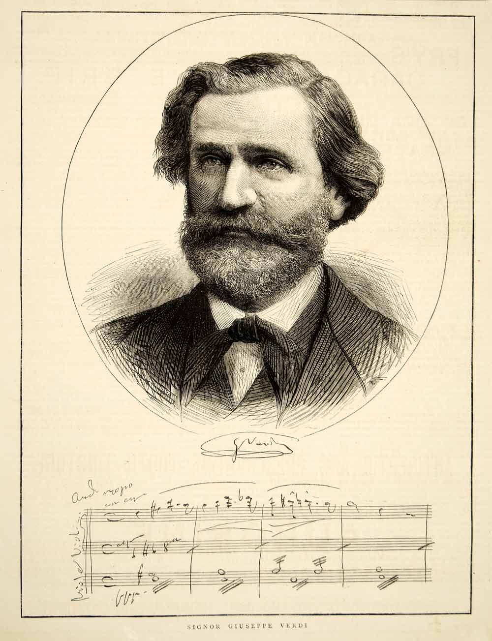 1873 Wood Engraving Art Giuseppe Verdi Romantic Era Opera Music Composer YTG5