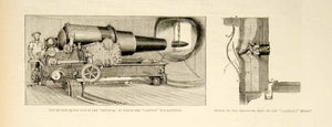 1873 Wood Engraving Art 305mm Artillery Gun HMS Hotspur Glatton Royal Navy YTG5