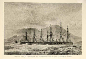 1873 Wood Engraving HM Vaughan Hughes Art HMS Hercules Northumberland Ship YTG5