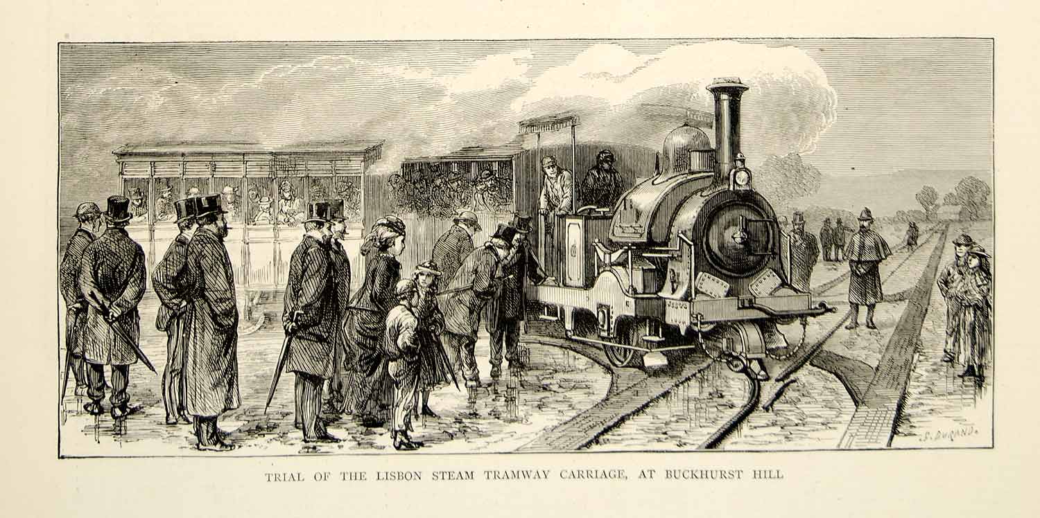 1873 Wood Engraving G Durand Art Lisbon Steam Tramway Locomotive Railroad YTG5