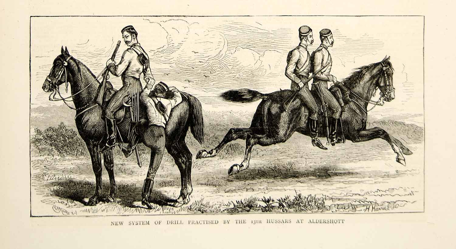 1873 Wood Engraving RH Moore Art 13th Hussars Light Dragoons Cavalry Horse YTG5
