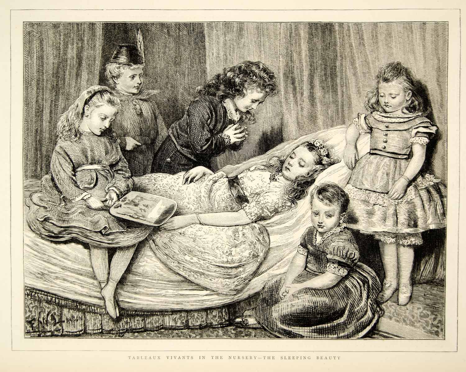 1873 Wood Engraving FW Lawson Art Tableau Vivant Sleeping Beauty Victorian YTG6