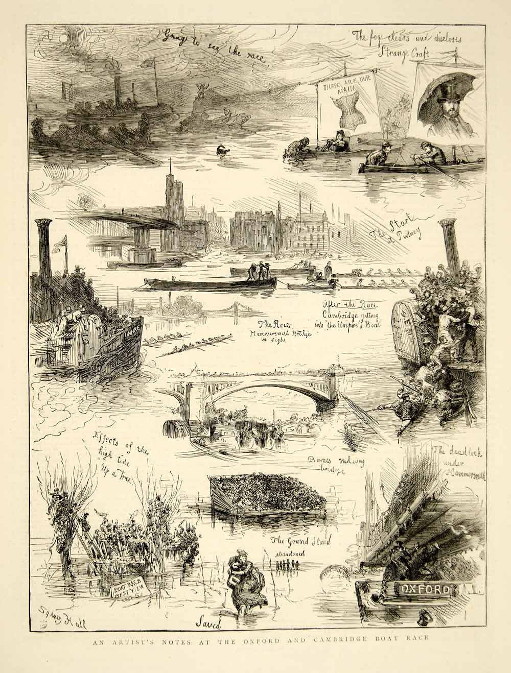 1873 Wood Engraving Sydney P Hall Art Oxford Cambridge University Boat Race YTG6 - Period Paper
