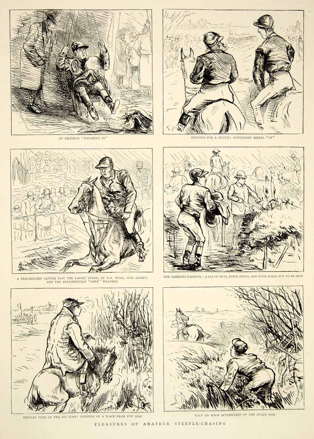 1873 Wood Engraving Art Steeplechase Horse Race Equestrian Sports Victorian YTG6