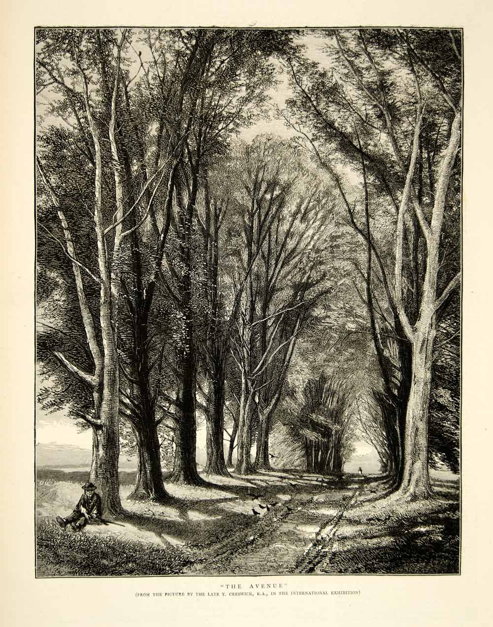 1873 Wood Engraving Thomas Creswick Art Avenue Tree Landscape Nature Forest YTG6