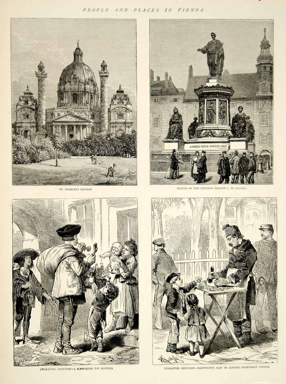 1873 Wood Engraving Karlskirche Statue Emperor Francis II Vienna Austria YTG6