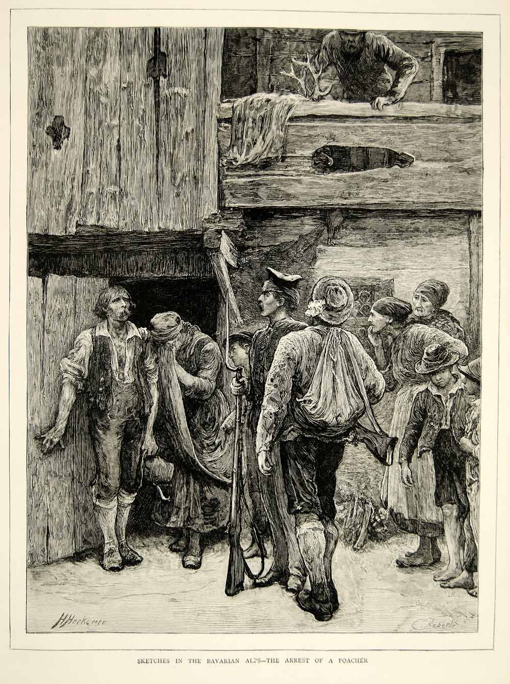 1873 Wood Engraving Hubert von Herkomer Art Arrest Poacher Bavaria Germany YTG6
