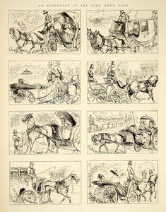 1873 Wood Engraving Art Brougham Horse Carriage Hyde Park London Victorian YTG6