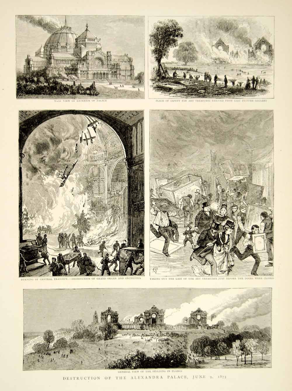 1873 Wood Engraving Art Alexandra Peoples Palace Fire London UK Victorian YTG6 - Period Paper
