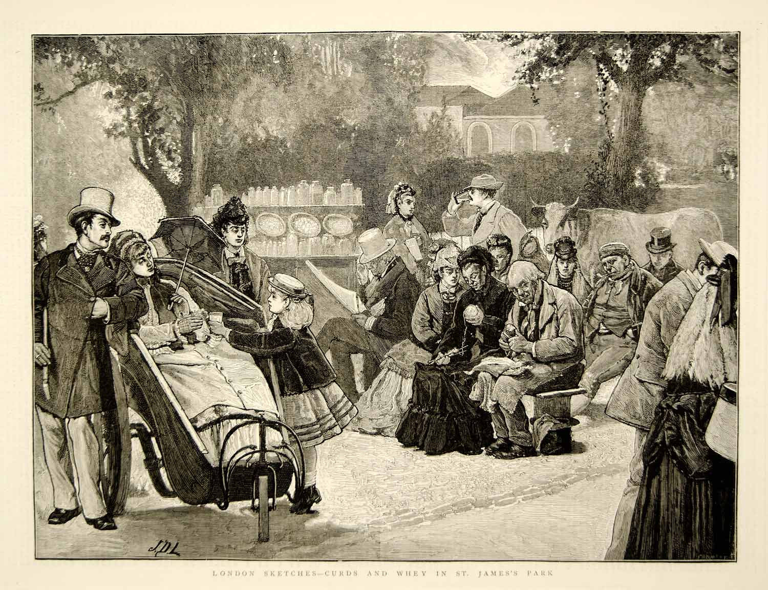 1873 Wood Engraving James D Linton Art Milk Fair St James Park London UK YTG6 - Period Paper
