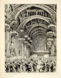 1873 Wood Engraving Art Dance Ball Guildhall London Victorian Architecture YTG6 - Period Paper
