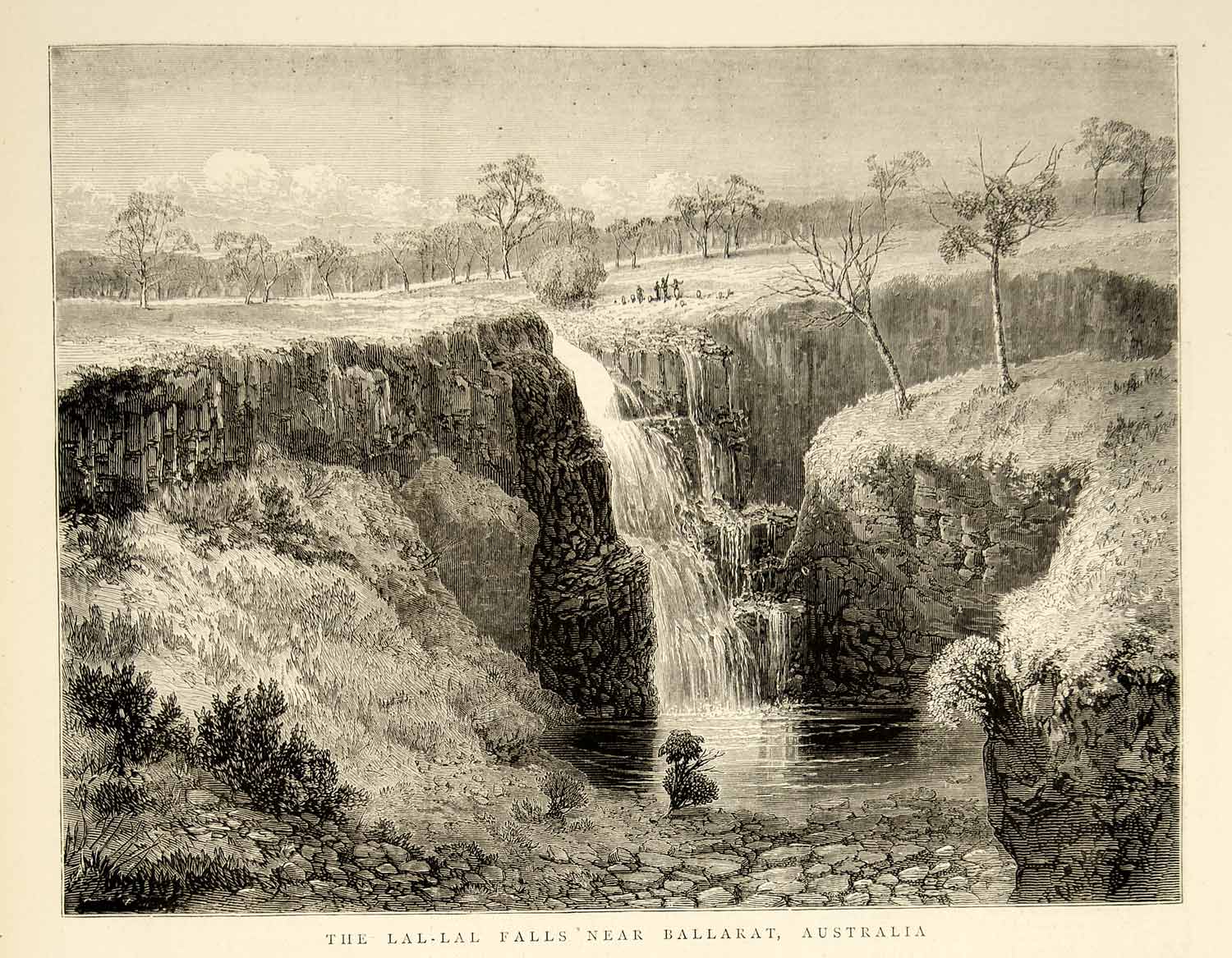 1873 Wood Engraving Art LalLal Waterfall Moorabool River Victoria Australia YTG6