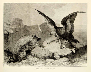 1873 Wood Engraving CH Weigall Art Hyena Vulture Bird Gazelle