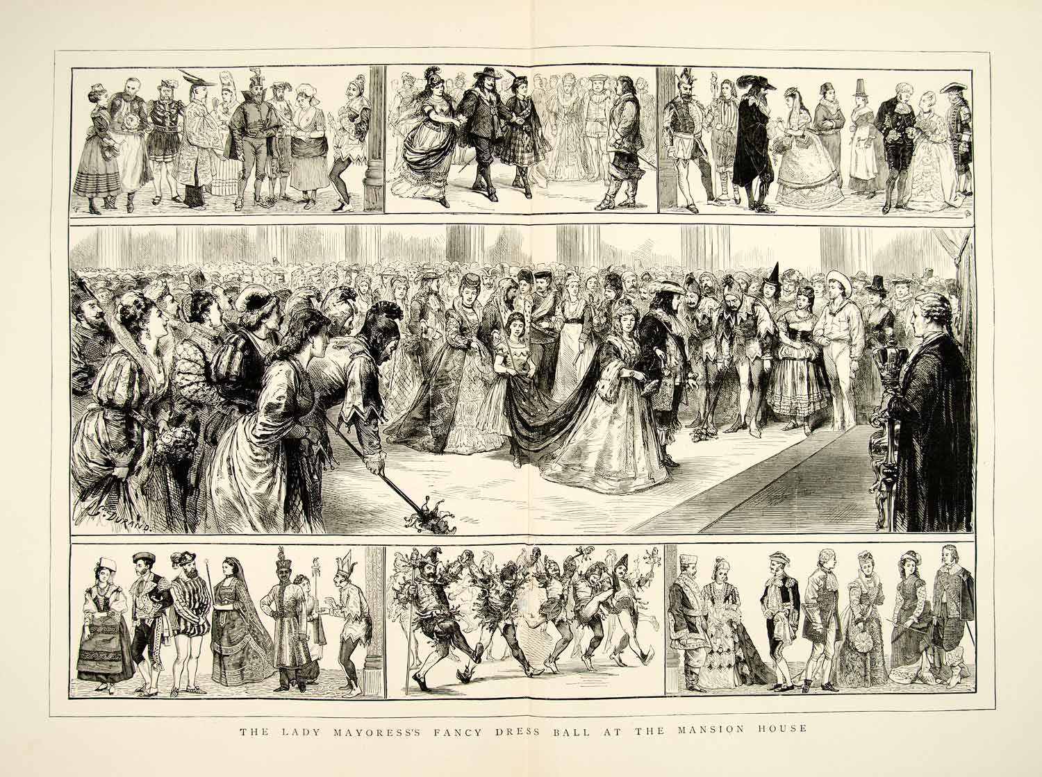 1873 Wood Engraving Art Costume Dress Ball Mansion House London Victorian YTG6