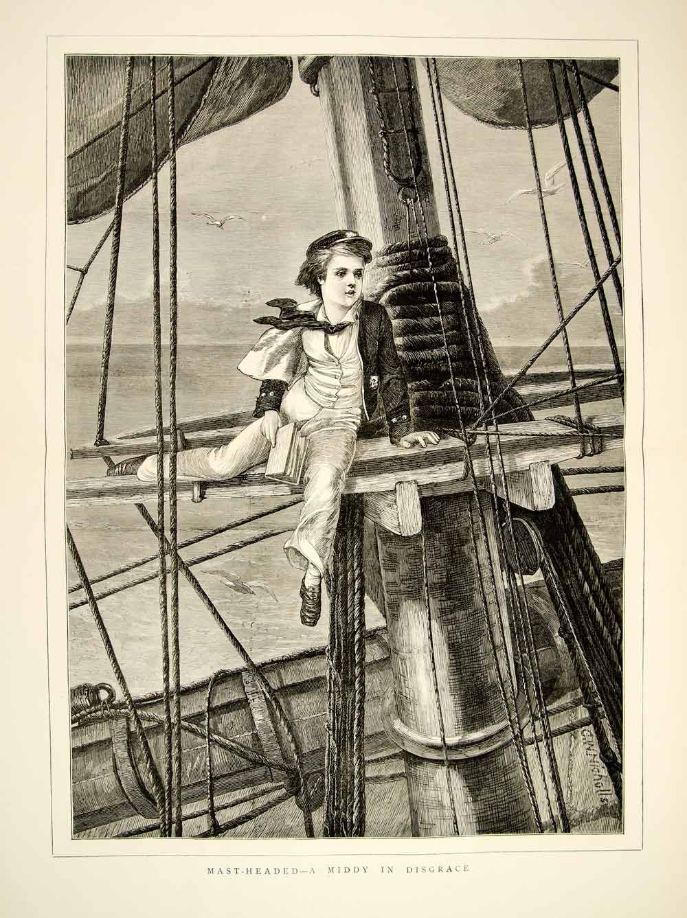 1873 Wood Engraving Charles Wynne Nicholls Art Mastheaded Midshipman Navy YTG6