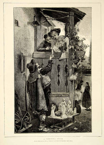 1874 Wood Engraving Adolphe Weisz Art A Tempting Offer Statuette Merchant YTG7