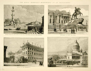 1874 Wood Engraving Rostral Column Anichkov Palace St Petersburg Russia Art YTG7