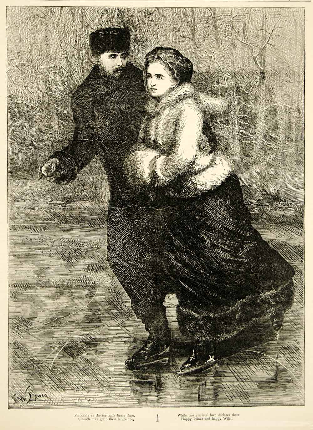 1874 Wood Engraving FW Lawson Prince Alfred Maria Alexandrovna Ice Skating YTG7