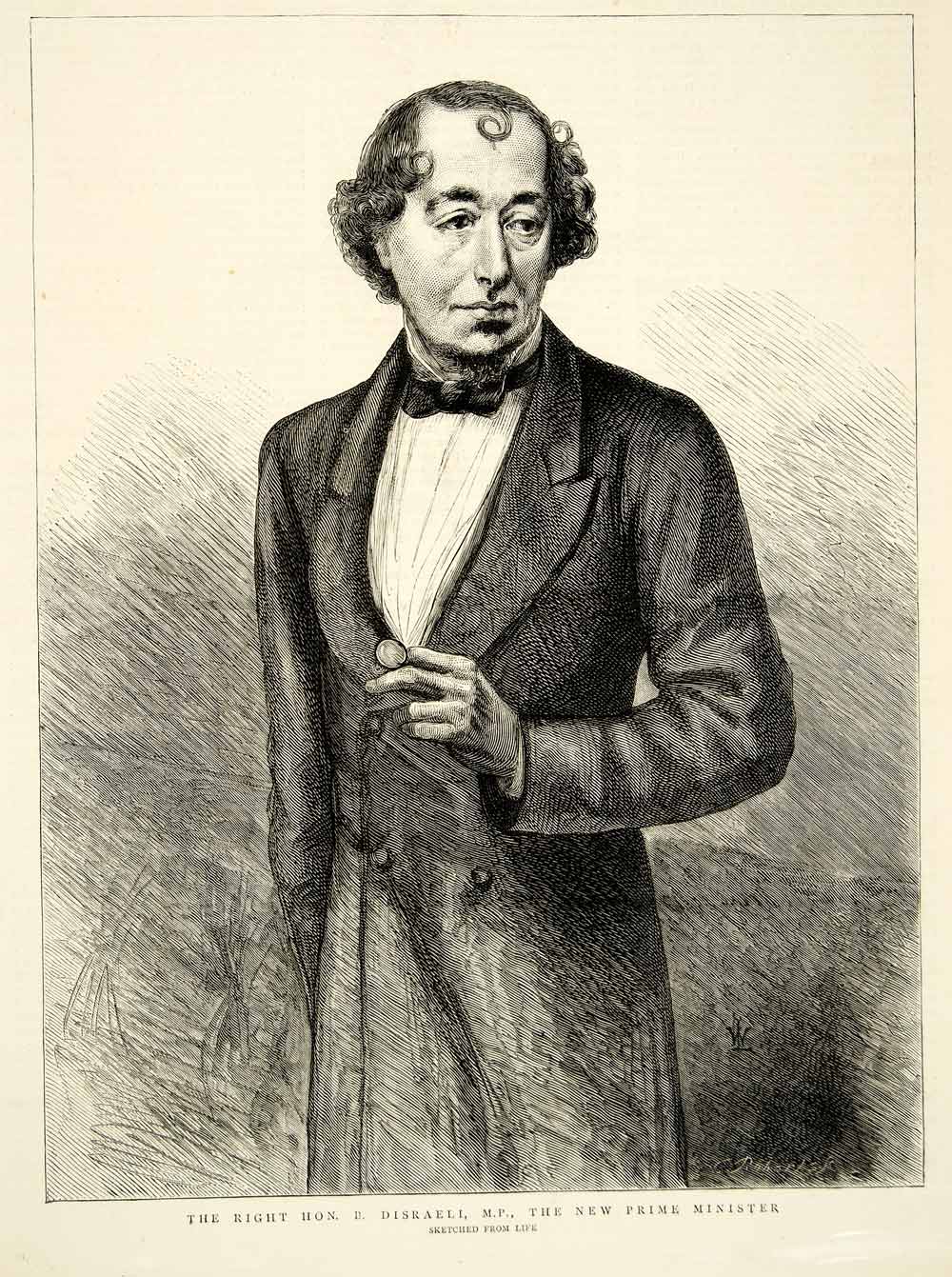 1874 Wood Engraving Benjamin Disraeli Portrait Prime Minister UK Parliament YTG7