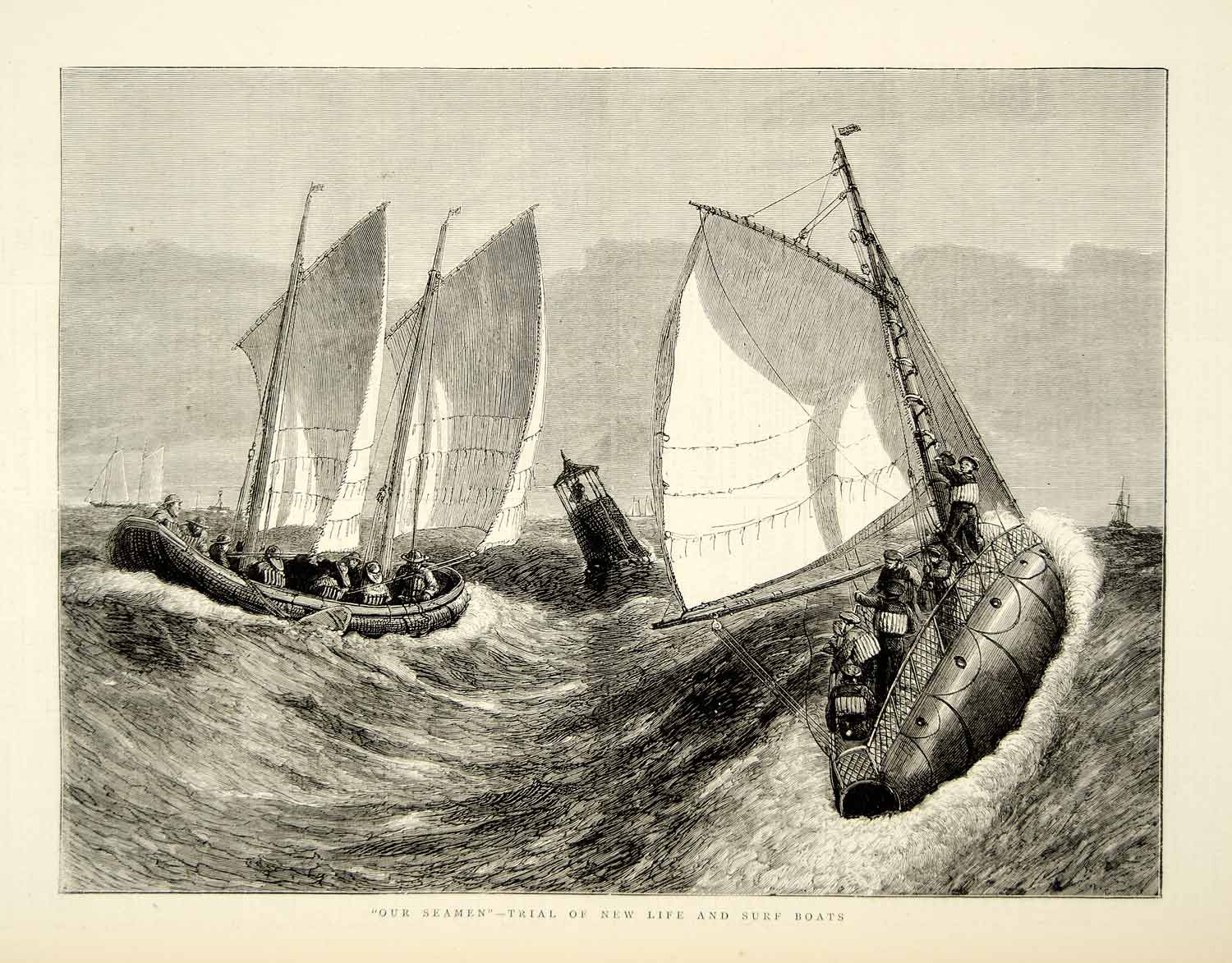 1874 Wood Engraving Art Petrel Lifeboat Chapman HMS Caledonia Sailing Ship YTG7
