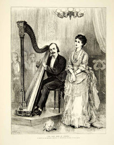 1874 Wood Engraving Henry Woods Art Last Rose Summer Concert Harpist Music YTG7