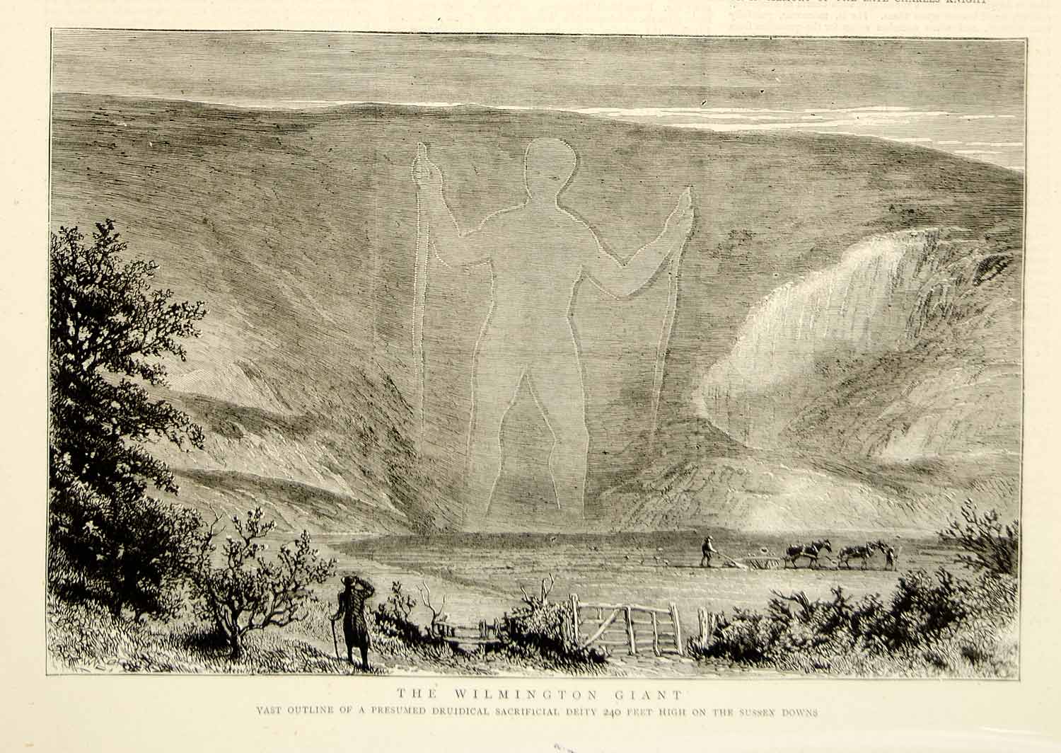 1874 Wood Engraving Long Man Wilmington Windover Hill East Sussex England YTG7