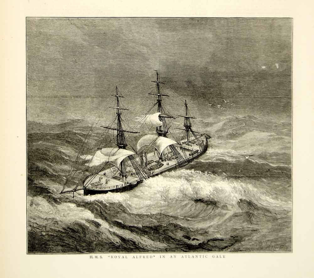 1874 Wood Engraving Art HMS Royal Alfred Sailing Ship Atlantic Ocean Gale YTG7 - Period Paper
