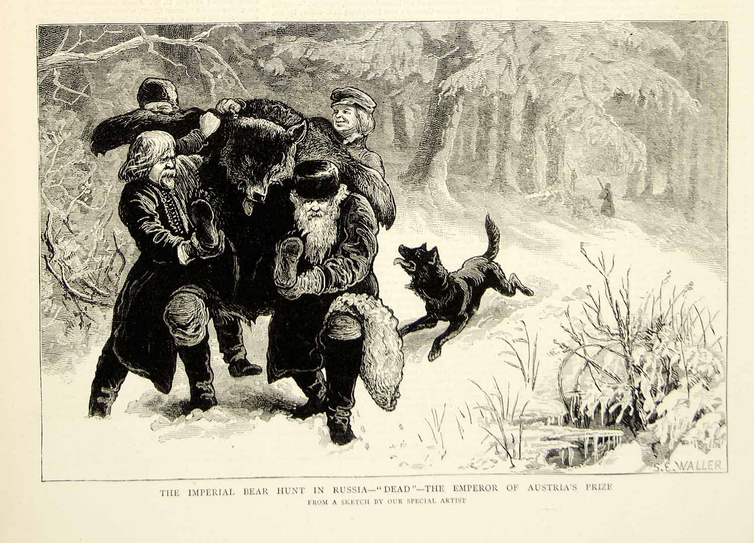 1874 Wood Engraving Samuel E Waller Art Bear Hunt Russia Franz