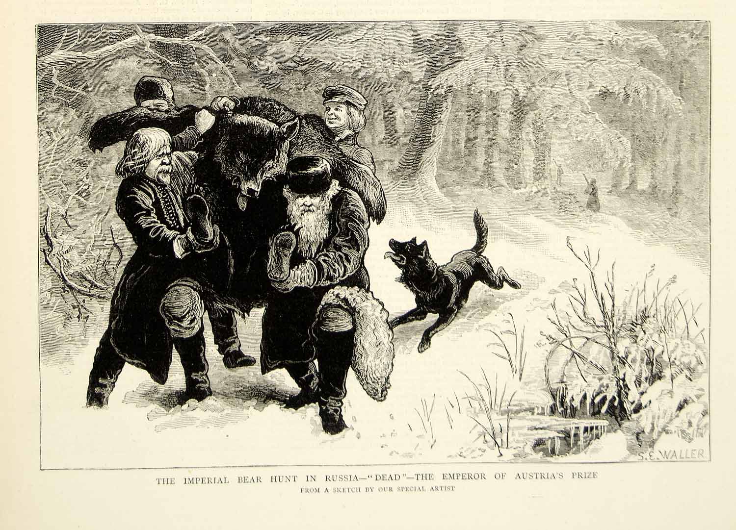 1874 Wood Engraving Samuel E Waller Art Bear Hunt Russia Franz Joseph I YTG7