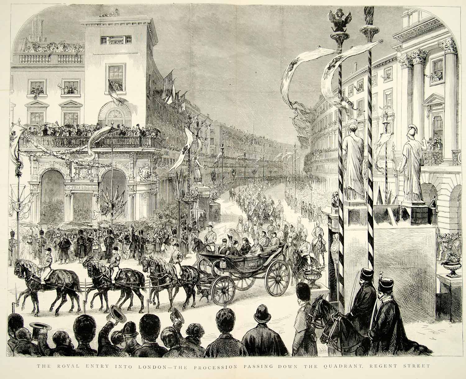 Regent St. London 木製彫刻 1874 Wood Engraving Art Royalty Parade Regent St London England