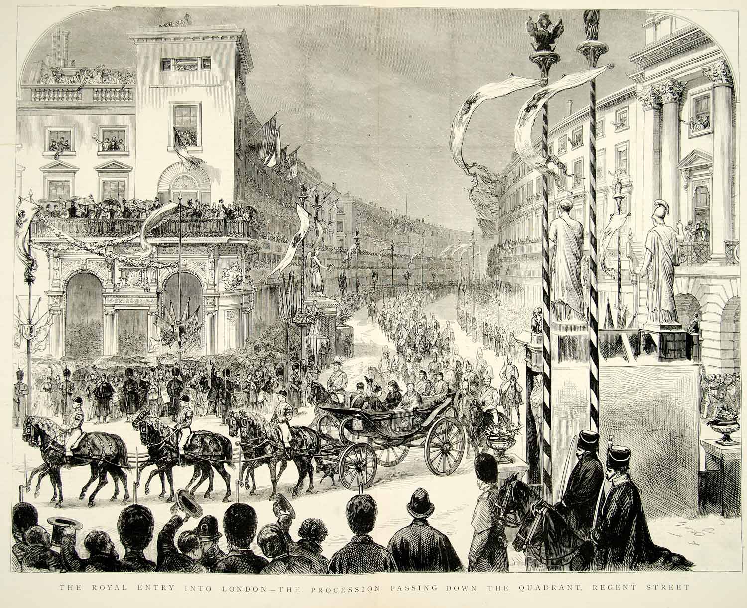 1874 Wood Engraving Art Royalty Parade Regent St London England Victorian YTG7
