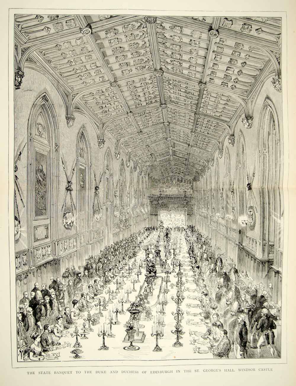 1874 Wood Engraving Art State Banquet Duke Duchess Edinburgh Windsor Castle YTG7