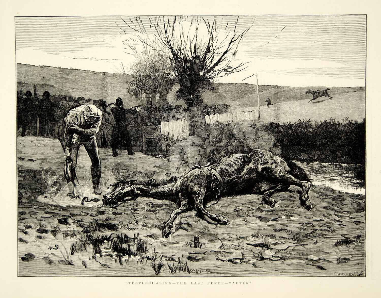 1874 Wood Engraving Art Steeplechase Horse Equestrian Race Sports Victorian YTG8