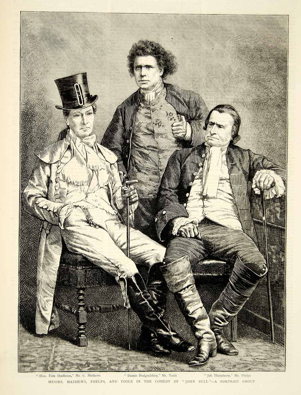 1874 Wood Engraving Art English Stage Actors John Bull Portrait Theater YTG8