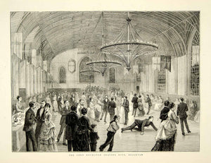 1874 Wood Engraving Art Corn Exchange Roller Skating Rink Brighton England YTG8