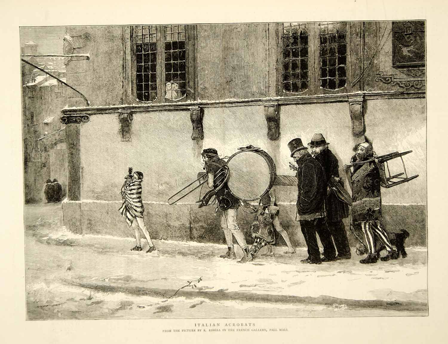 1874 Wood Engraving R Ribera Art Italian Acrobats Portrait Circus Carnival YTG8