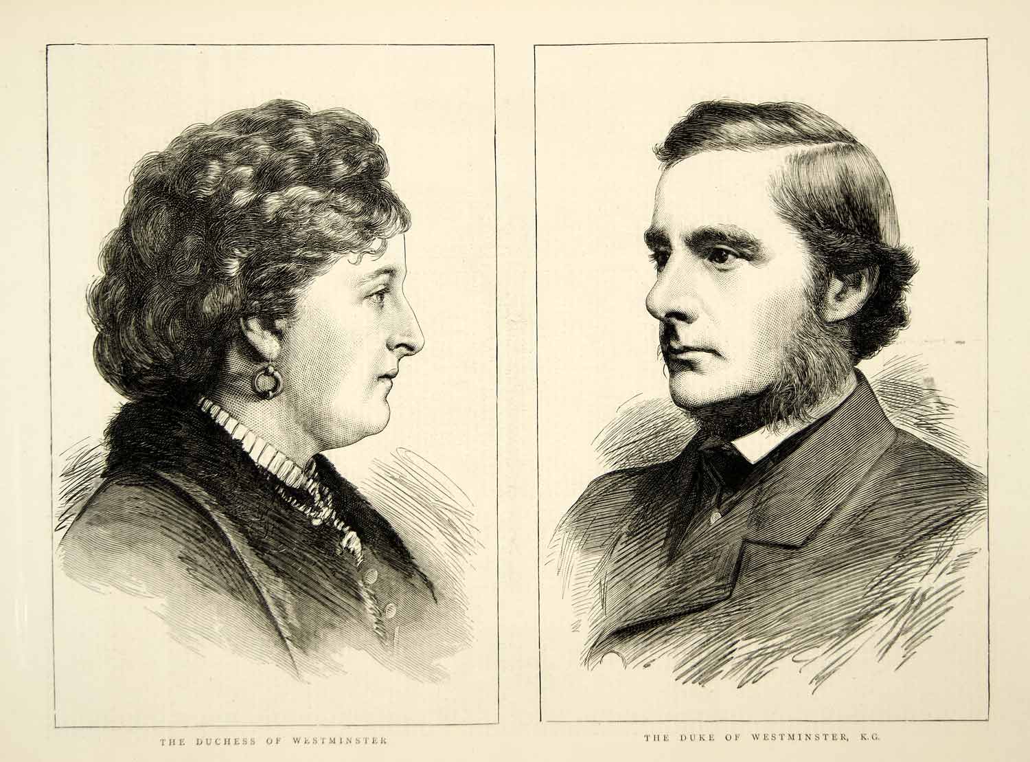 1874 Wood Engraving Art Hugh Grosvenor Duke Duchess Westminster Portrait YTG8