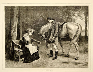 1874 Wood Engraving John Dawson Watson Art The Meeting Lovers Romance Horse YTG8