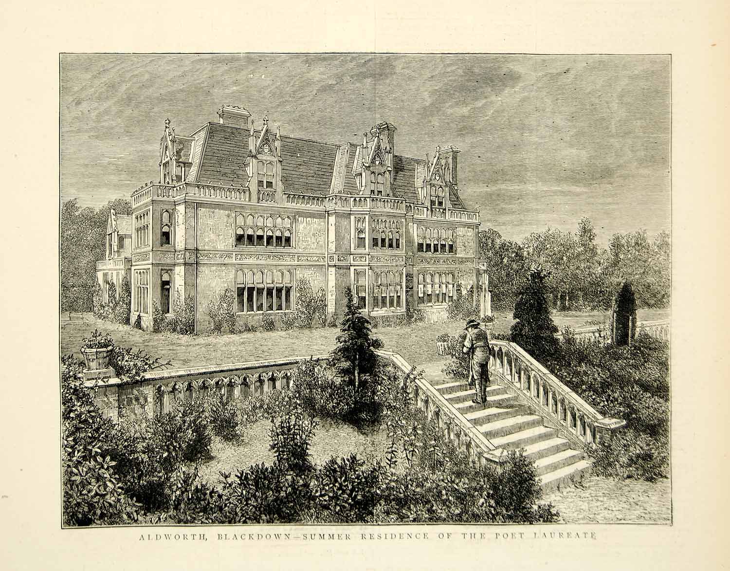 1874 Wood Engraving Aldworth House Blackdown West Sussex England Tennyson YTG8