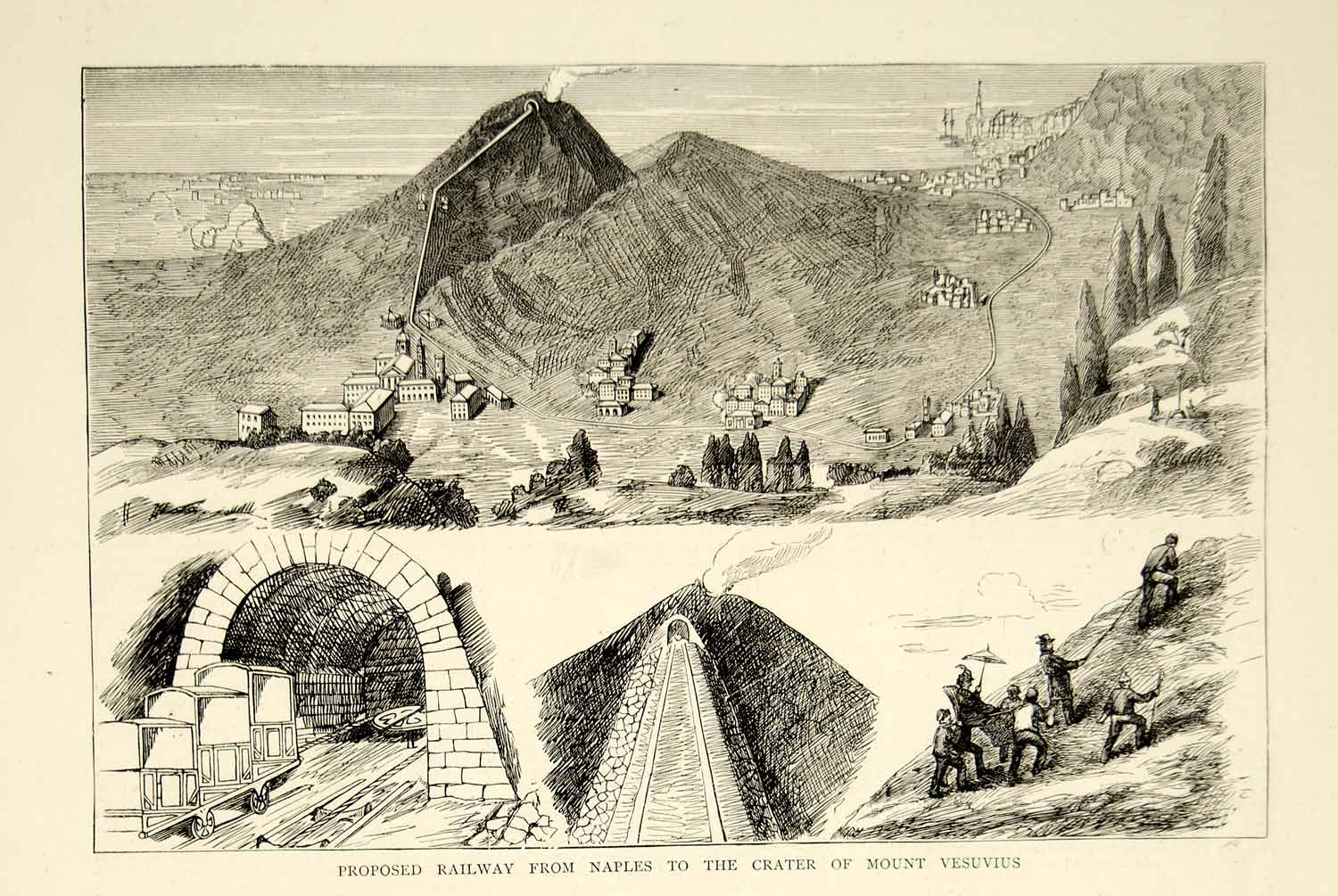 1874 Wood Engraving Art Funicular Railway Naples Mt Vesuvius Campania Italy YTG8