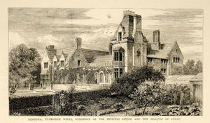 1874 Wood Engraving Art Dornden House Langton Green Tunbridge Wells England YTG8