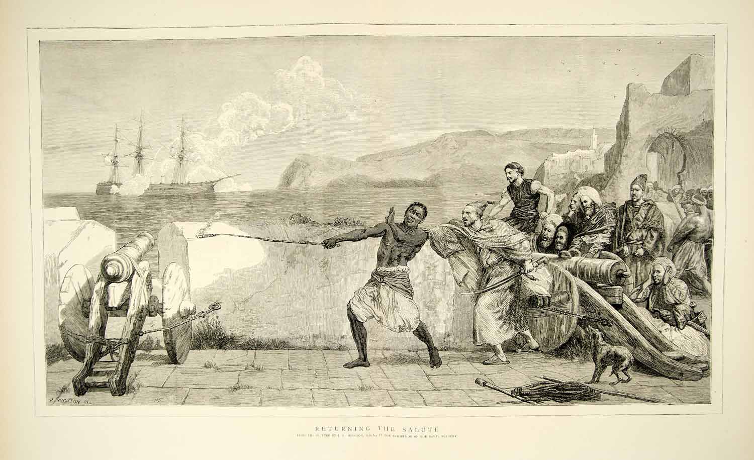 1874 Wood Engraving John Evan Hodgson Art Returning Salute Man o'War Africa YTG8