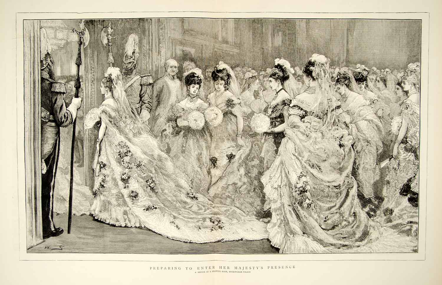 1874 Wood Engraving Art Victorian Women Fashion Buckingham Palace London YTG8