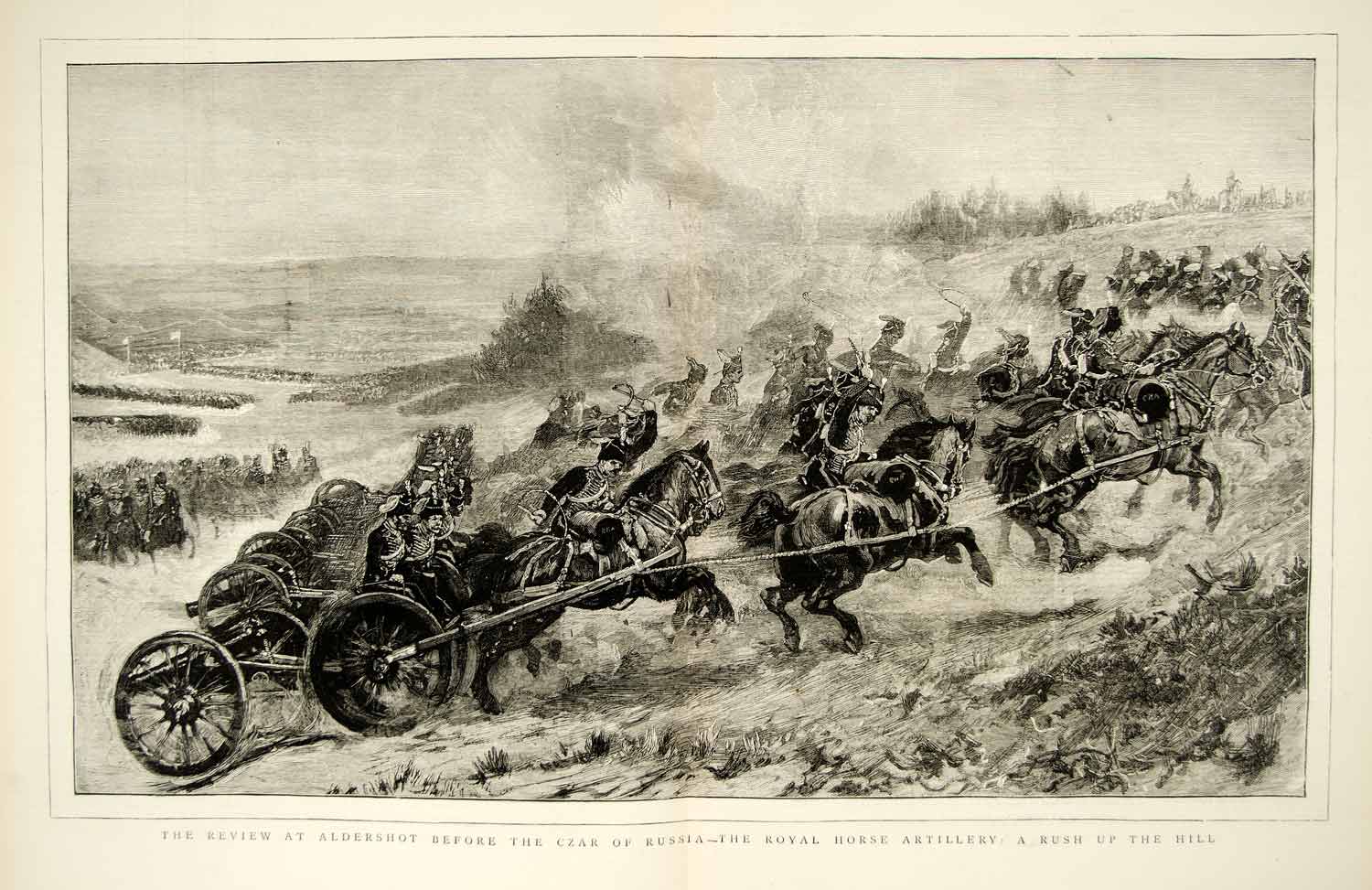 1874 Wood Engraving Art Royal Horse Artillery RHA British Army Aldershot UK YTG8