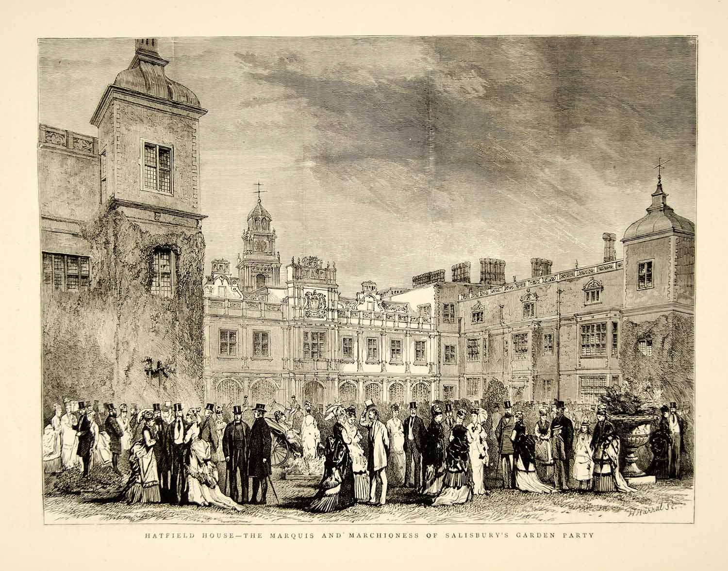 1874 Wood Engraving Art Hatfield House Hertfordshire England Garden Party YTG9