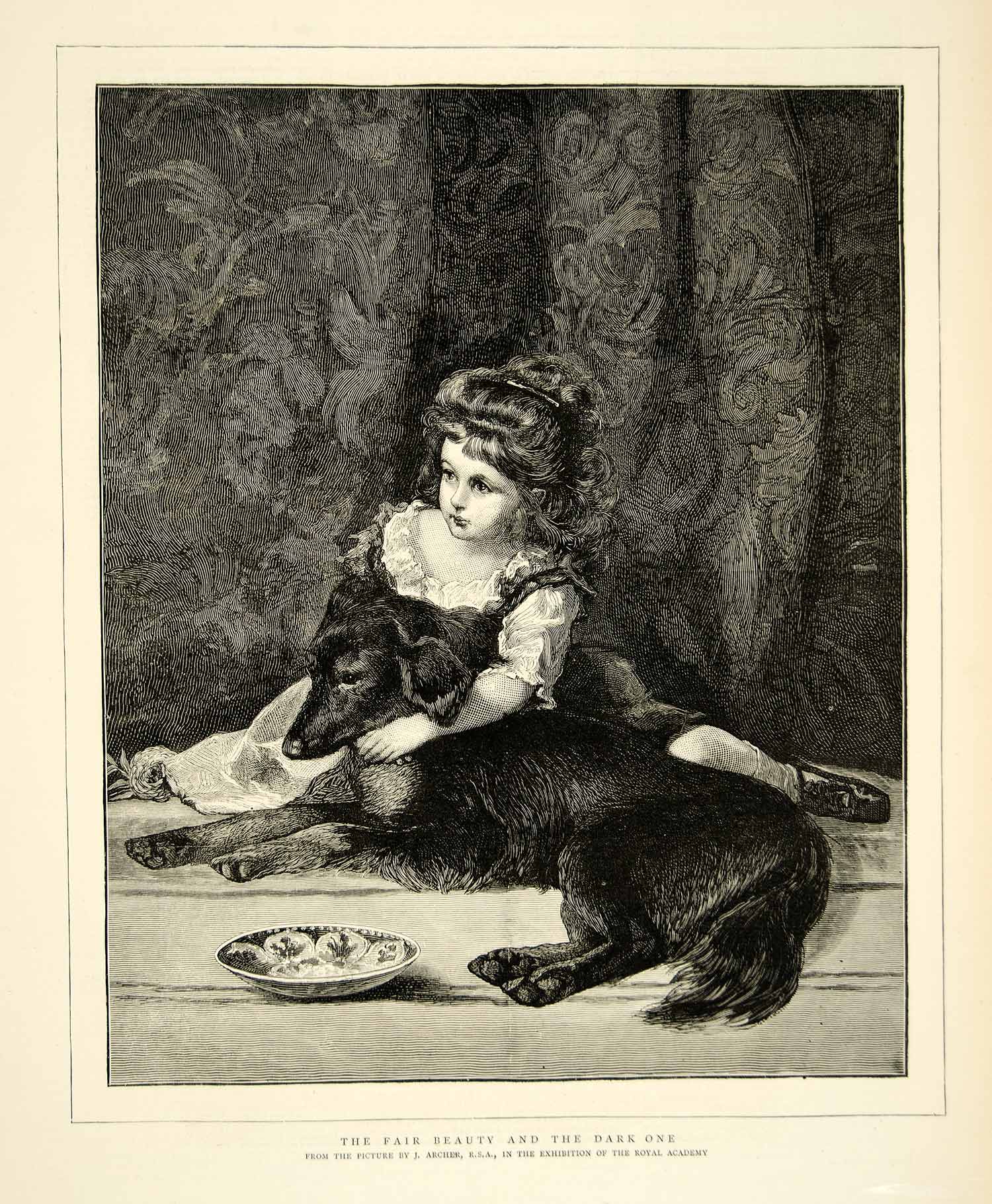 1874 Wood Engraving James Archer Art Fair Beauty Dark One Children Dog Pets YTG9