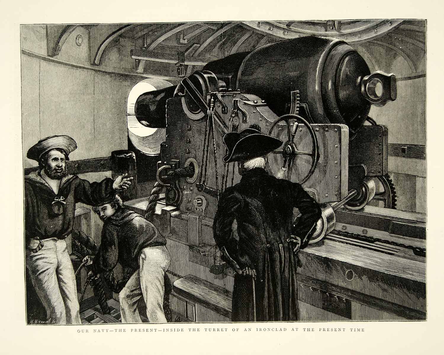 1874 Wood Engraving Art Turret Gun Ironclad Sailing Ship Royal Navy Sailors YTG9