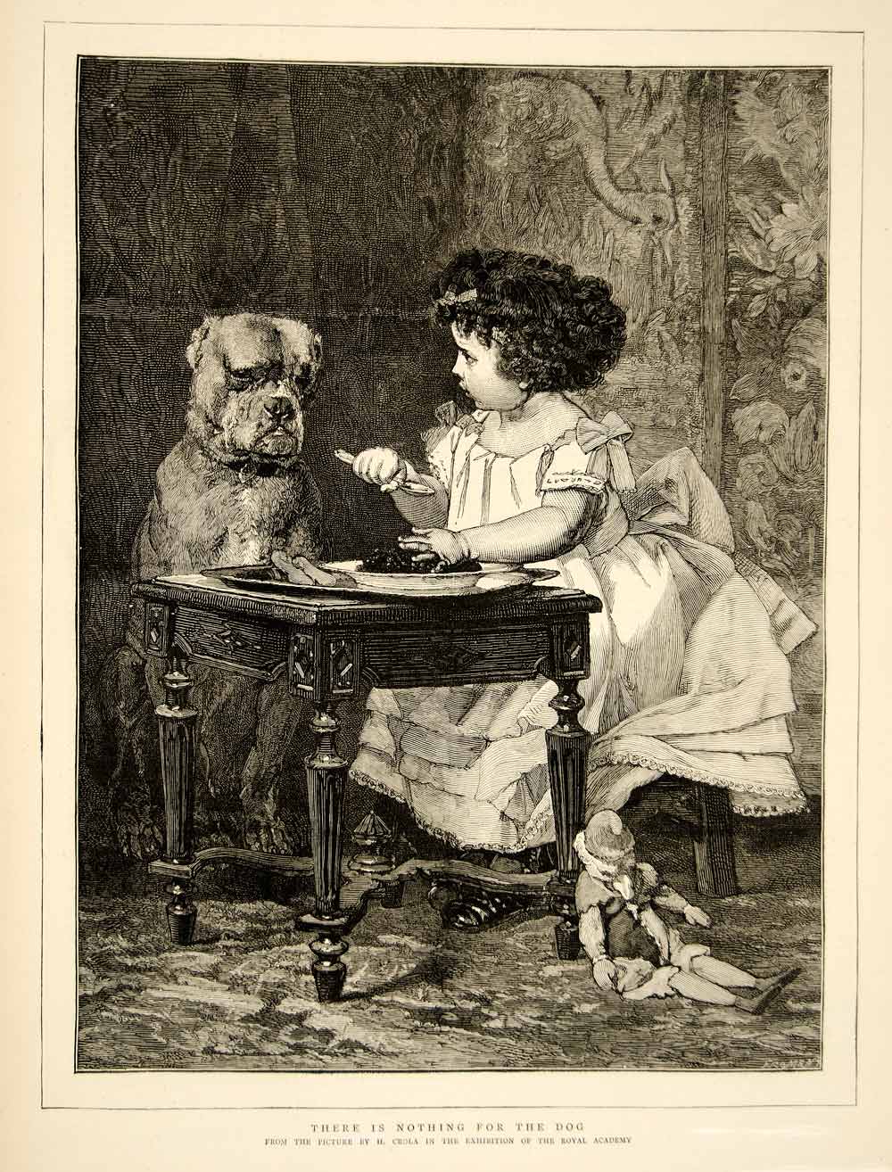 1874 Wood Engraving H Crola Art Nothing Dog Children Portrait Pet Victorian YTG9
