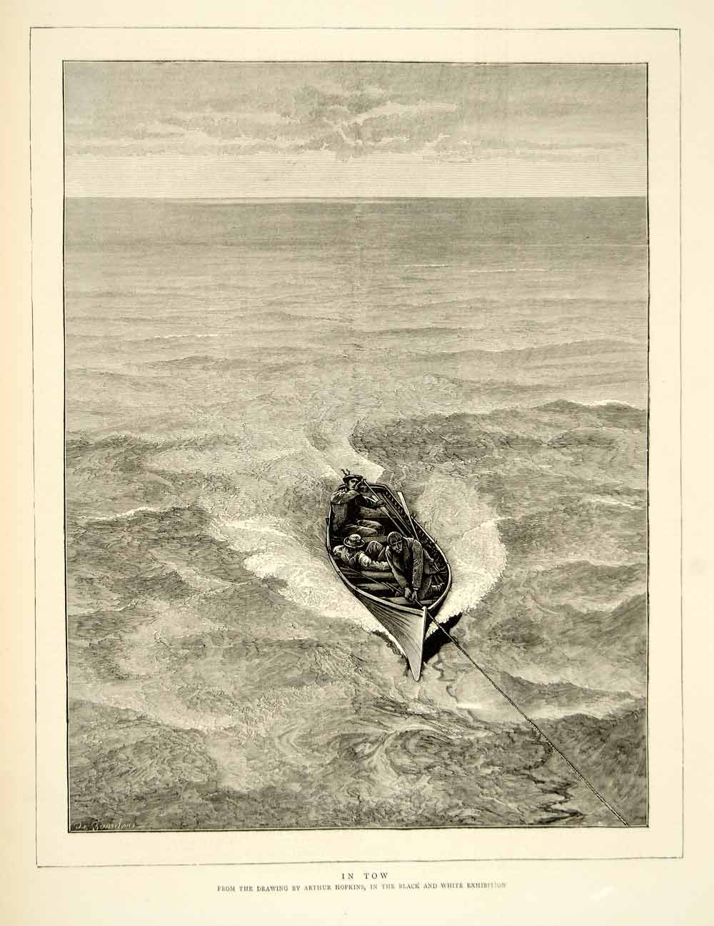 1874 Wood Engraving Arthur Hopkins Art In Tow Rowboat Dinghy Nautical Sea YTG9