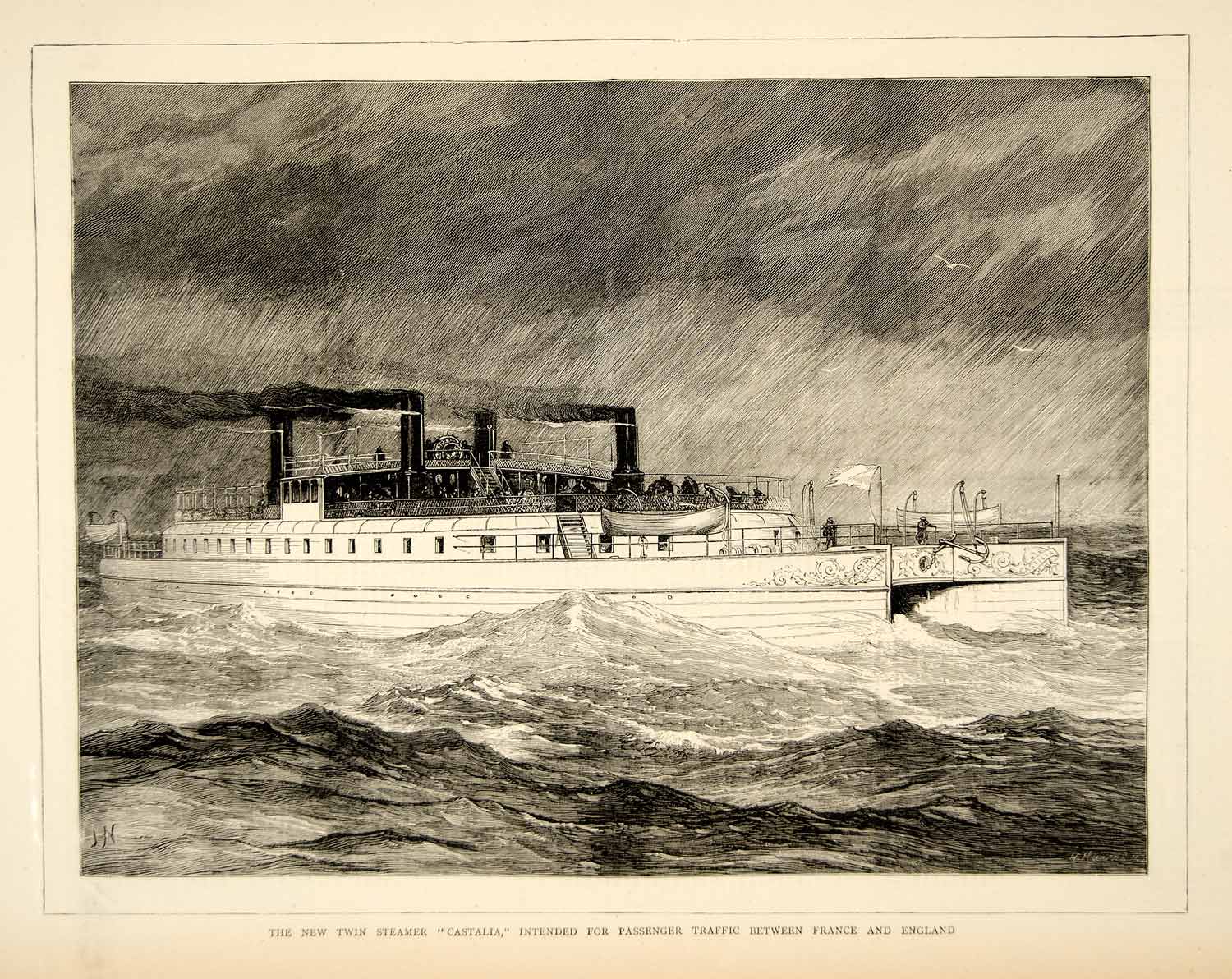 1874 Wood Engraving Joseph Nash Art PS Castalia Steamship English Channel YTG9